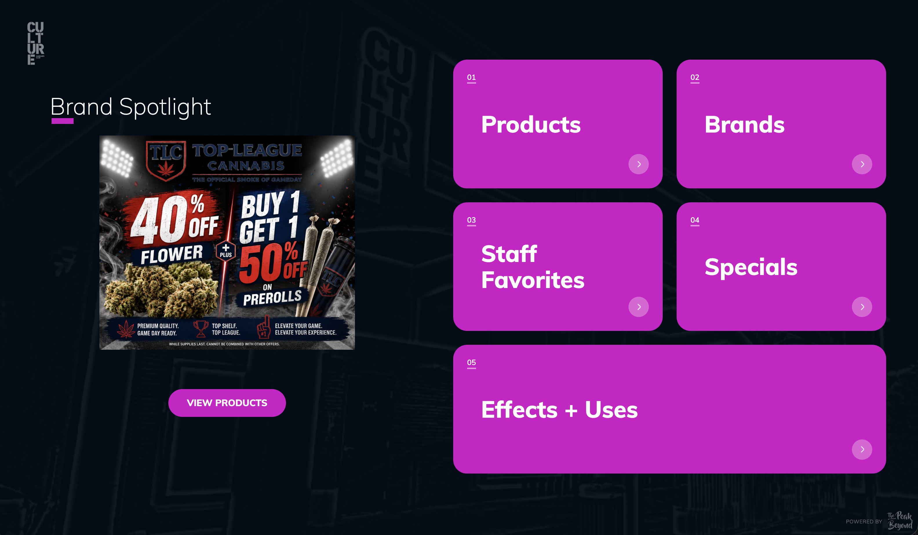 Brand Spotlight kiosk screen featuring a Top League Cannabis promotion