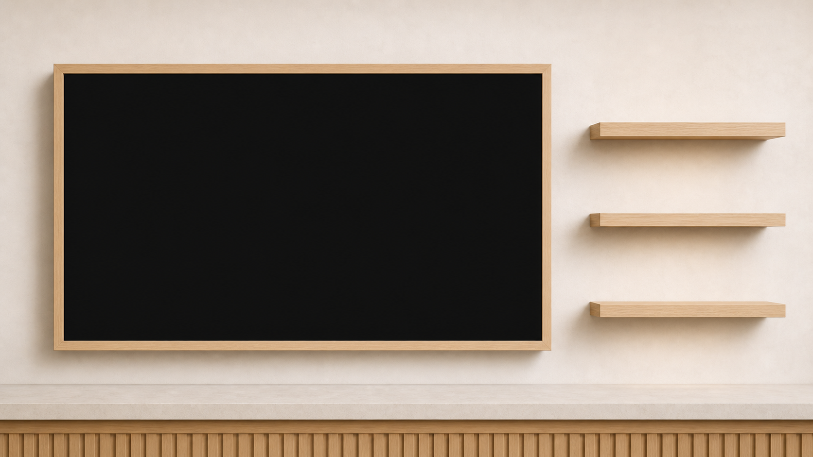 A retail product display with a large touchscreen and three product shelves