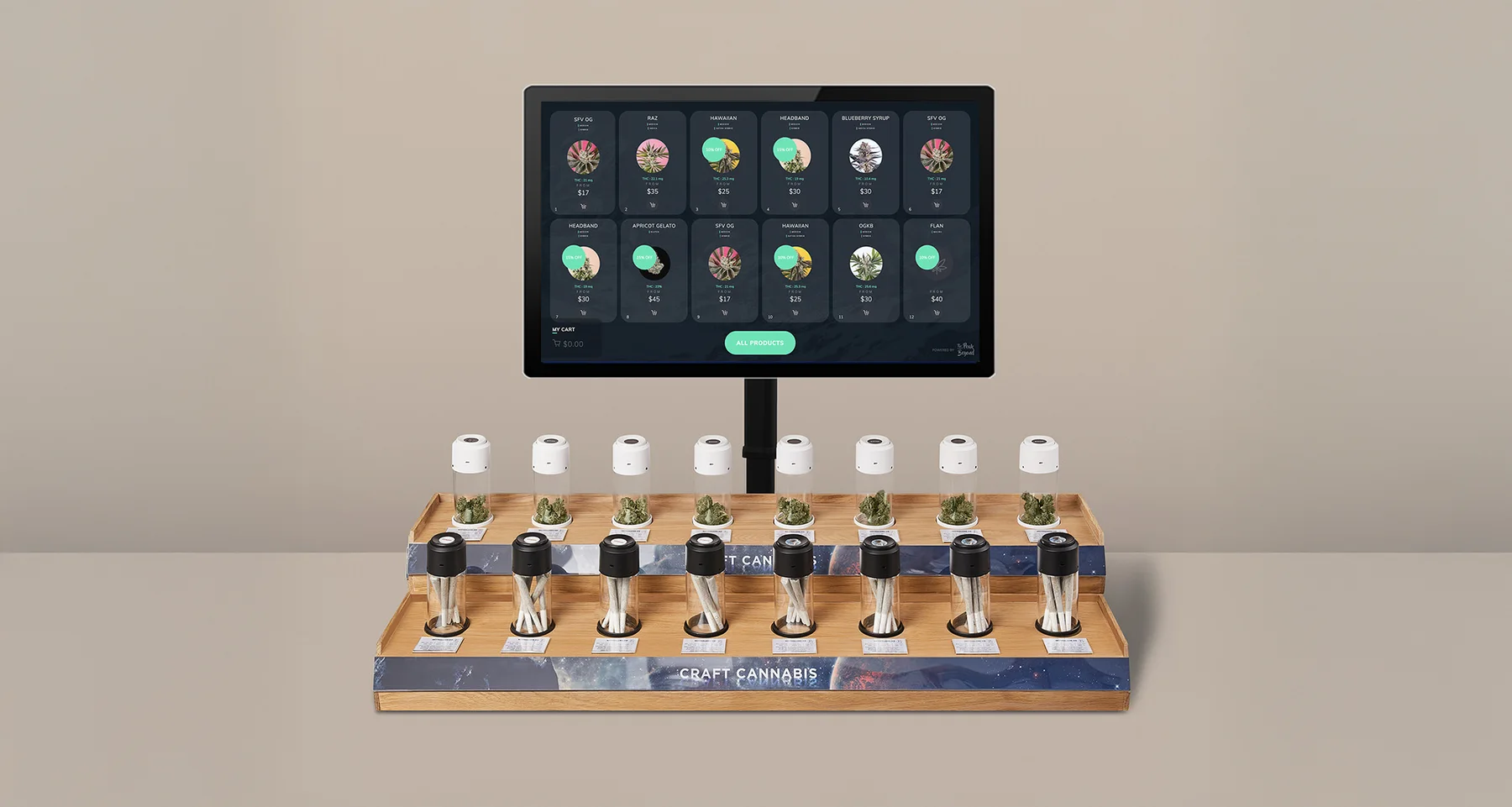 Wood Flower display with an integrated screen and sixteen product jars